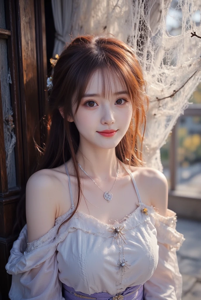 landscaped gardens、Image from chest up:1.6)、Close-up portrait of a woman wearing a brown off-shoulder top dress and earrings, soft portrait shot 8 k, lovely delicate face, high-quality 4k portrait, high quality portrait, soft flawless pale skin, 8K highly detailed face, Beautiful delicate face, beautiful light big eyes, beautiful and realistic faces, beautiful young woman with, beautiful and realistic faces, cute young woman