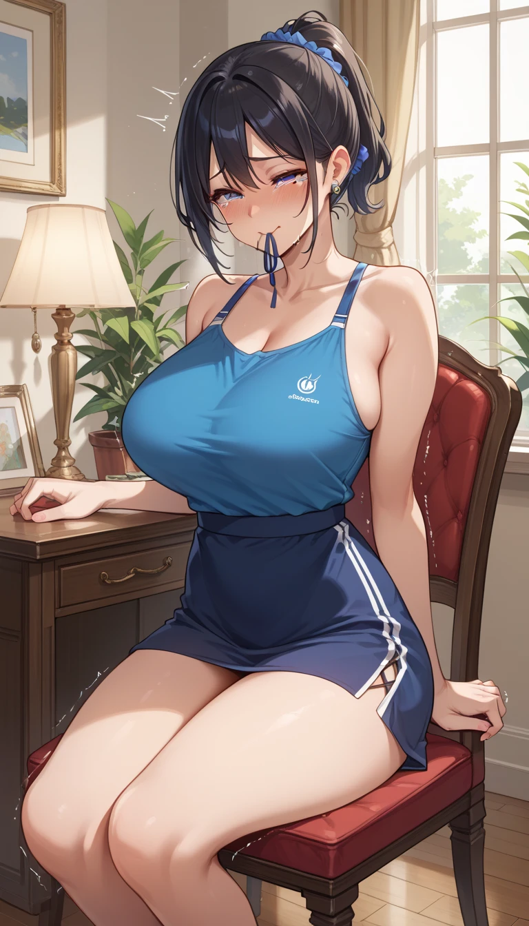 Korra has large breasts and is wearing sport clothes and she is sweating