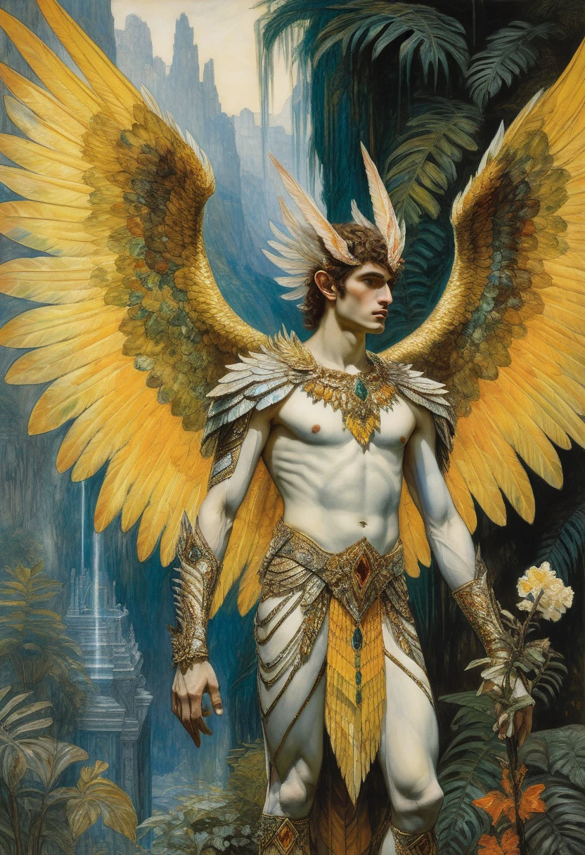 Design me a {Colossal Masterpiece, realistic oil painting, best quality, by Gustave Moreau, by James Tissot, chiaroscuro, iridescent, holographic}, terror dramatic portrait of a male high elf Garuda, blonde, elf ears, ((his skin is golden)). ((((displaying iridescent colored wings with flowers, reclined, sat on a throne in a jungle temple)))).