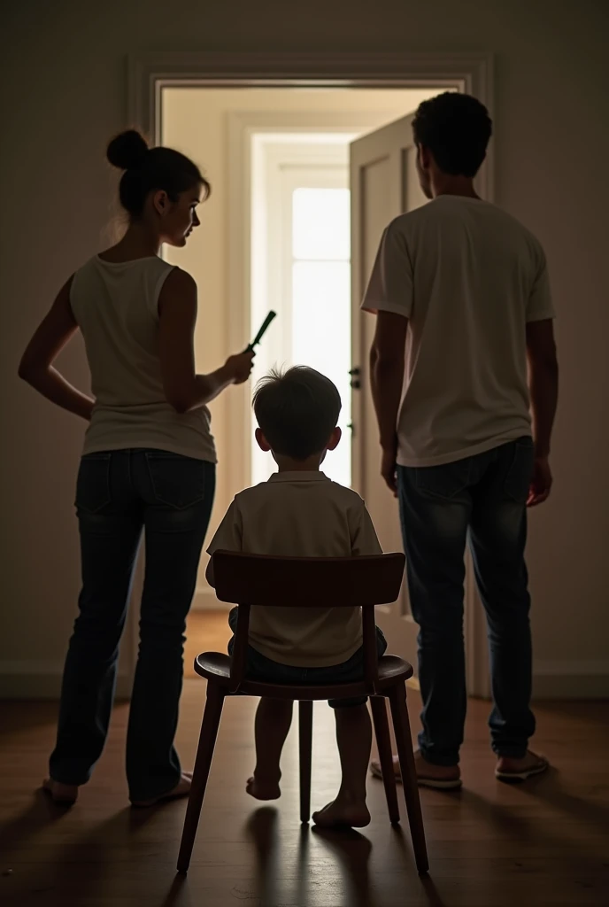 A girl arriving from school but sees her father fighting with her mother and is about to hit her. A child arriving from school but with a scared face because of the image he just saw and very surprised almost with a traumatized face because of the image he just saw. Child paralyzed.
