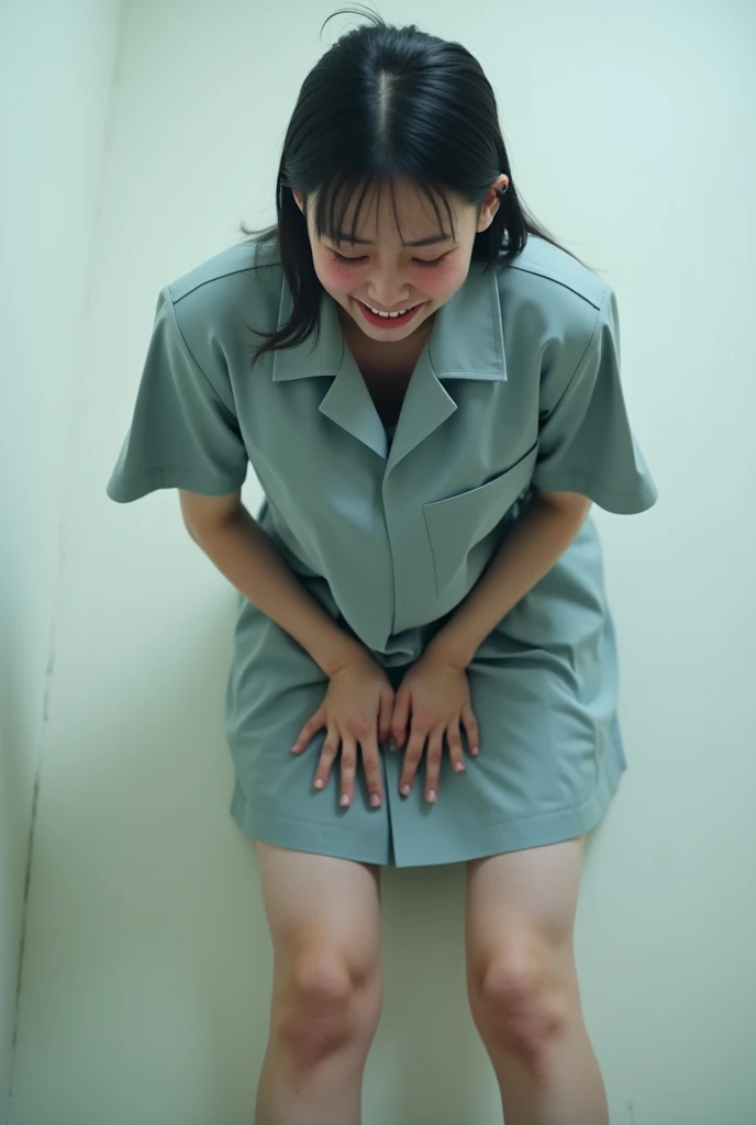 Uhd, photo of Cami, subject: Noriko, 1/2 Japanese 1/2 Hainu skinny girl in 2/00 a large wheelchair with ((wet long red hair and head resting on a Hairdressing Sink)), shampoo foam on hair, blue+++ eyes, oval face, LGBTQIA+, queer, punk style, wearing grey tracksuit treasures and black t-shirt, tattooes. Background: black walls of hairdressers' studio.