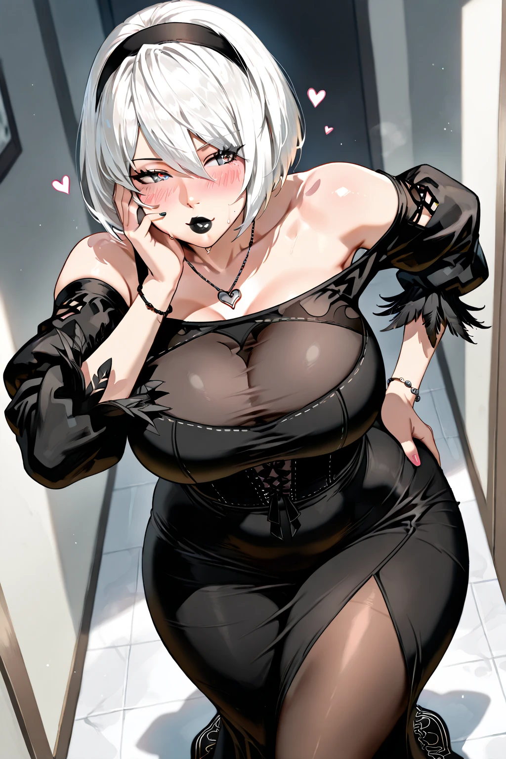 ((highest quality)), ((masterpiece)), (become familiar with), perfect face,silver hair,short hair,grated bangs,eyes without highlights,Desaturated, dark blue eyes,Drooping eyes,grinning,look down,tall,big breasts,Rubbing your chest with selfie,off shoulder knit,black panties,black pumps,slender,19 years old,Show the whole body,Reflection to the toes,Bedroom,