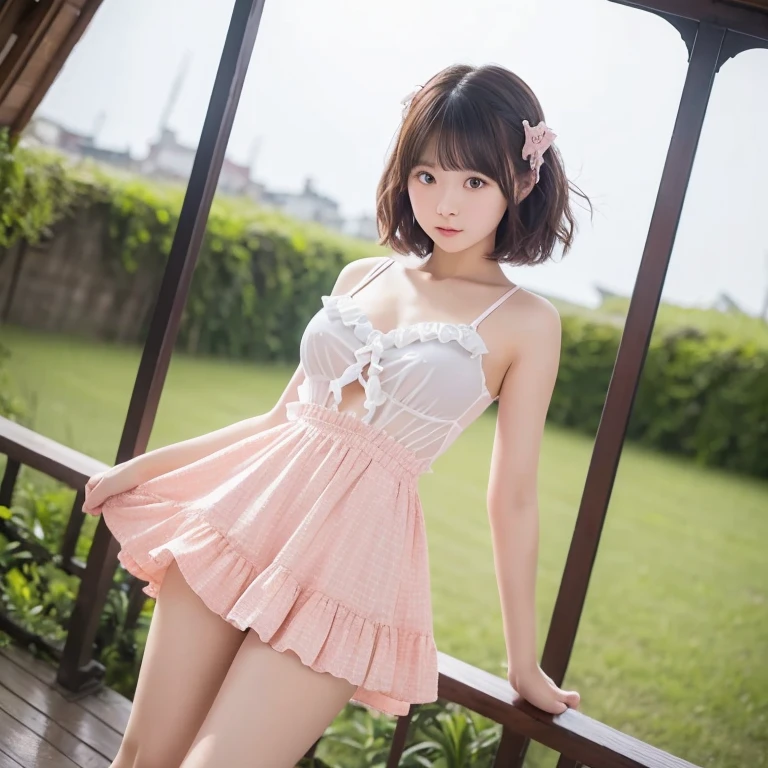 A cute animelike race queen wearing a chiffon miniskirt, anime-style but realistic expression, angle shot from below, lecture full of rose flowers in the back, blurred background