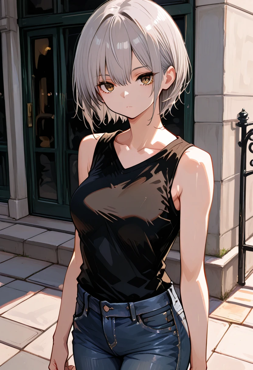 (Highest quality, High resolution, Very detailed), 1 female, Silver Hair, Super short hair, Reddish brown eyes, Tank top, denim mini skirt, thong, boots, Large Breasts, 24th generation, Beautiful woman, mature, quiet, Calm, A small smile, park,