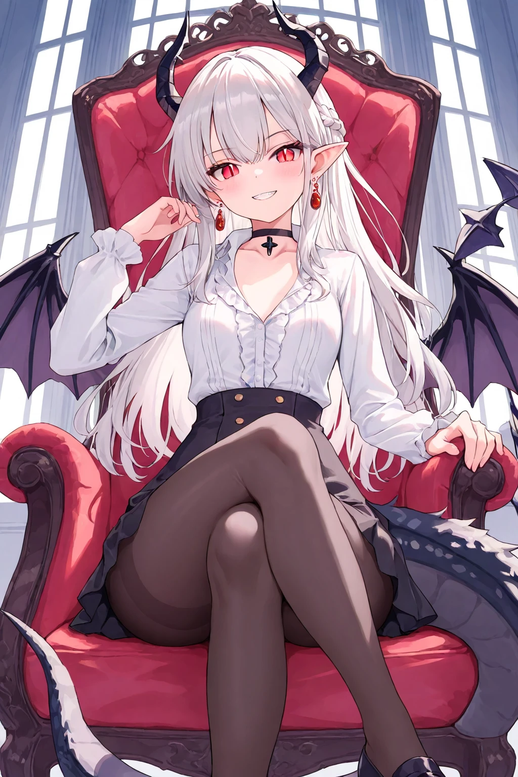 One girl with long hair, white hair, looking at viewer, embarrassed, blushing, indoor , oversized naked night gown, thigh, pointy ears, demon wings, demon king, demon horn, sit on, chair, queen chair, sexy pose, perfect body, perfect waist, crossed legs, high heels