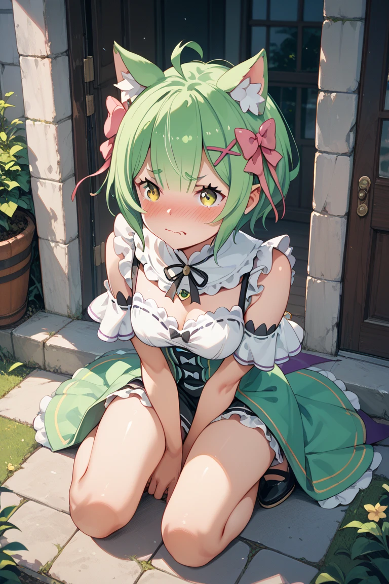 (((by One Punch Man Aesthetic Style::1))), astonishing & Masterpiece art of the beautiful woman Tatsumaki、Angle from below、Full limbs、complete fingers,Short Hair Hair, Green hair、Raw feet、Wet and see-through green clothes, Off-the-shoulder clothes that are wet and see-through, (place々Woman in torn green clothes), (place々Woman in torn green clothes)、Clothes that are torn in the crotch area and turned up,I don't wear panties., Local parts are visible,Local Split,Detailed genitals,Precise human body structure, Thinly grown pubic hair of green color, Sweating、Squatting(Leaning forward、Get on your knees) 、Wet texture、Pink-pink areola small cute、clean、One boob exposed、Eliminate nipple protrusions、(((Sexual torture)))、BDSM、gargantilha、The woman's right hand is rubbing her breast、The woman's left hand is holding her genitals、((((Electric Vibrator))))、((((The vibrator is fixed in the crotch of a woman))))、(((The rotor is mounted on both chests)))、Suffering face、Blushing、(Crying:1.5)、((panting、Wheezing))、convulsions、(((Squirting), Lustful、Feeling ecstasy、I'm 、Kimesek、Uncensored