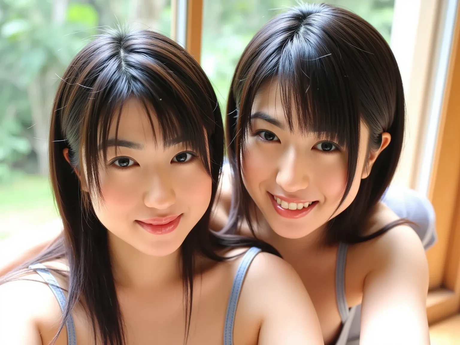 Japanese Mature Sisters、Front Angle、Stand upright、smile、nude、Caressing each other
