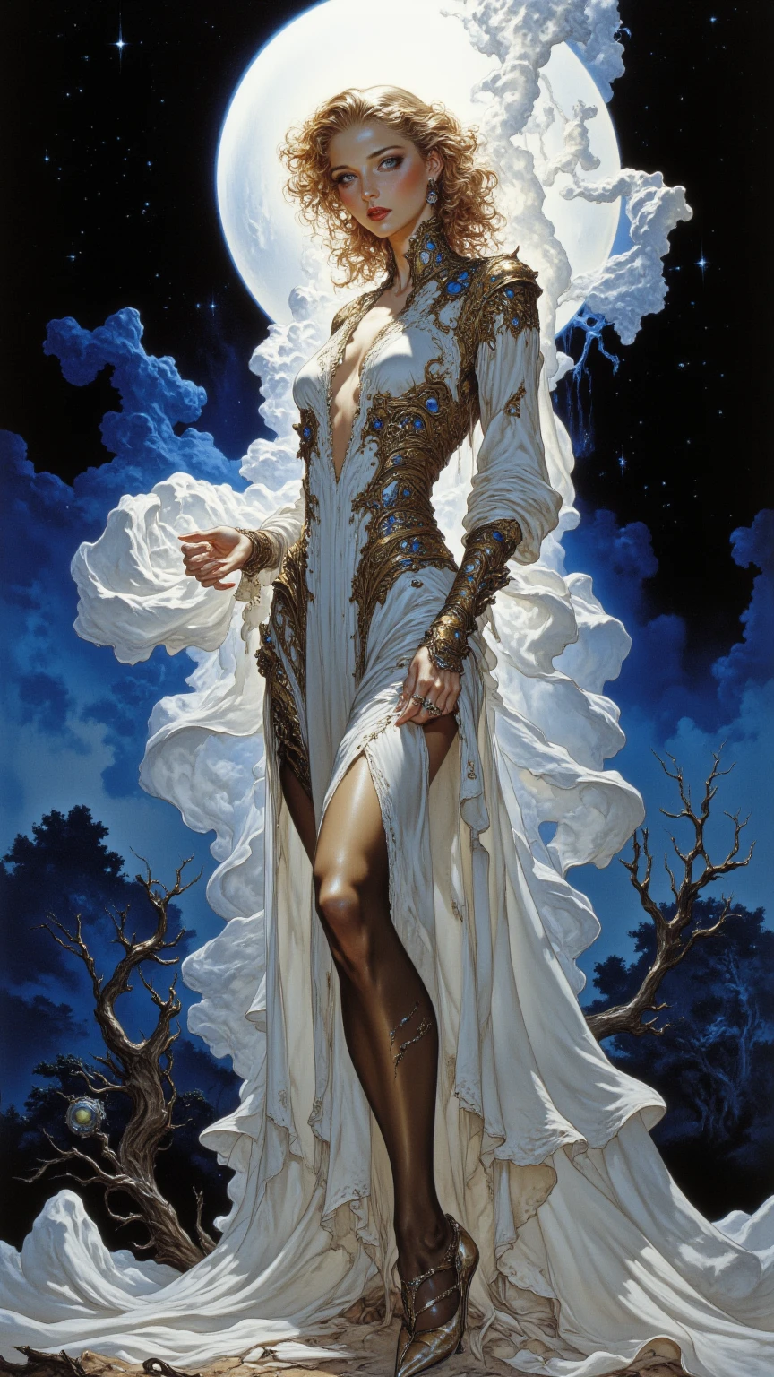 sensual woman, with completely white skin, with purple eyes, with wavy and silver hair, wearing a low-cut black lace dress, wearing a lace veil, walking through the hills under the light of the moon, painted by Boris Vallejo
