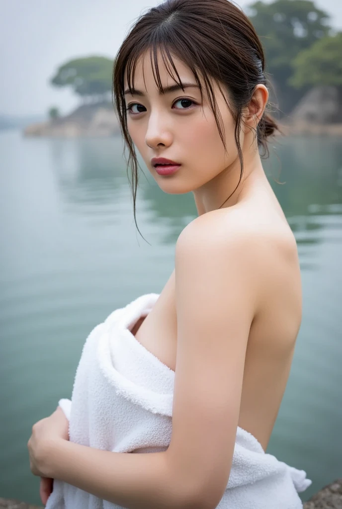 nsfw、Cute naked Japanese women、In the clear water of the river、From a big rock、The moment to dive in、The genitals are covered with pubic hair and cannot be seen.、