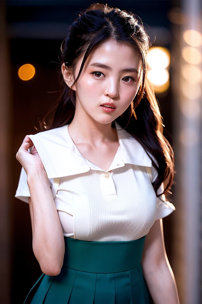 (((Medium hair))), best qualtiy, 8K, hdr, A high resolution, absurderes:1.2, blur backgroun, Background bokeh:1.2, photography of, (RAW photo:1.2), (真实感:1.4), (Masterpiece:1.3), (complexdetails:1.2), 1girll, 独奏, japanaese girl, delicated, Beautiful detailed, (Delicate double eyelids), (Detailed facial features), Bigboobs, (((Large breasts))), Skin Firm, (Looking_at_peeping at the viewer), From_Front, （being thin），（best qualtiy：1.4），（超A high resolution：1.2），cinematic lighitnglamplight，（Extremely detailed illustration），（Gloss on lips，best qualtiy，超A high resolution，depth of fields，Caustics，Extensive illumination，naturalshadow，85mm， f/1.4, iso 200, 1/160s:0.75),1girll, Solo, (((Silk vest))) Smile, ((silk garment,pleatedskirt,‎Classroom))
