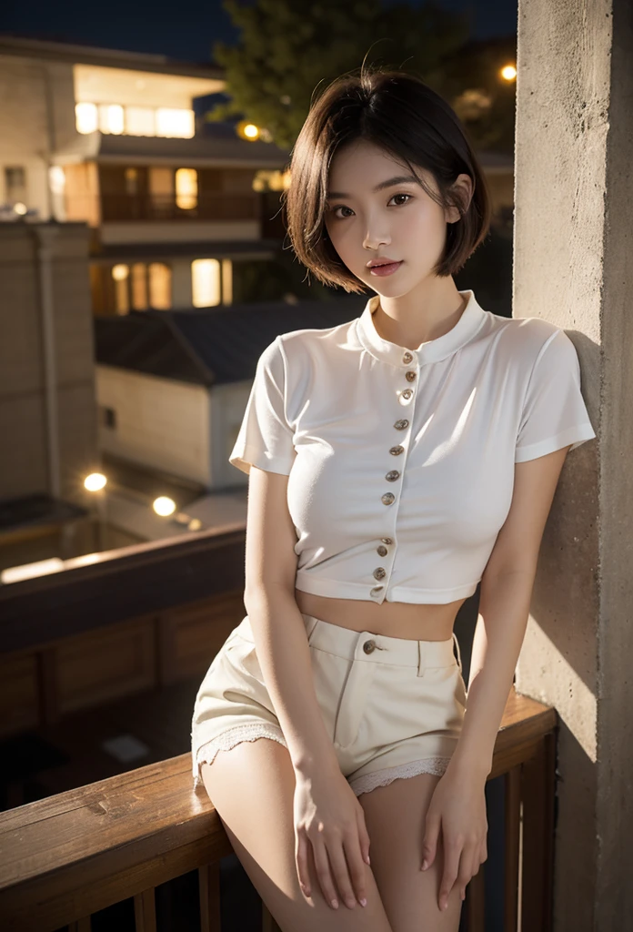 photo realistic, photo realistic, 1woman, idol, short hair, bob cut, brown hair, building rooftop, yakiniku, barbecue, feminine casual, sleeveless blouse, ivory cargo pants look, look here, smile