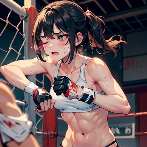 Drenched in sweat and covered in bruises, she is in a mixed martial arts ring against a female fighter. Her opponent woman touching her face by a fist. One eye closed and mouth open, she is gasping for breath and drooling. She is a cute Japanese high school girl with short-cut black hair. naked, and open-finger gloves. Small breasts, poor belly, slender body, poor body.