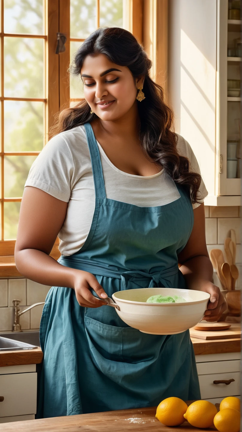 A 3 plus sized South Indian women wearing a blue colour short skirt and black colour shirt, standing in a kitchen 