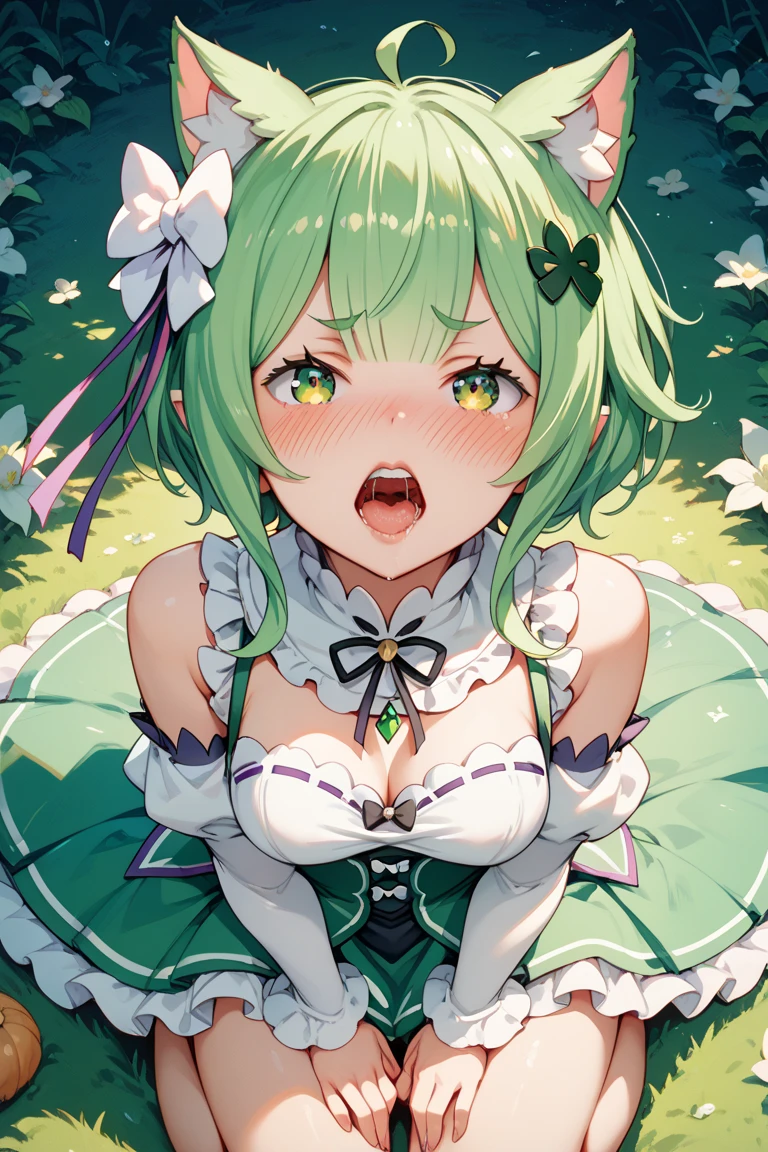 Pink Lolita Clothes,Green hair,Pants stockings,Striped panties,Raising,Half-taken panties,blushed face,Cat ears,Pink eyes,Shoulder out,Navel out,Smile with open mouth,Light blue Lolita,Top image quality,Best Quality