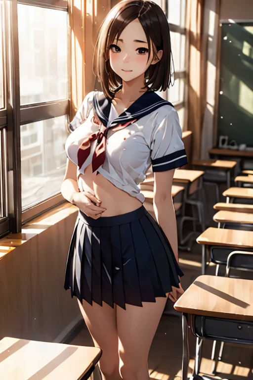 NSFW、Toned body、Big Breasts、(tall、daddy longlegs、175cm)、(quality))、((masterpiece))、(これはclassroomでセーラー服を着たセクシーな女子高生のクローズアップショットです:1.4)、(solo:1.4)、(One girl:1.4)、(Very short black hair:1.3)、(Light blue eyes:1.2)、(Short sleeve white sailor uniform:1.3)、(Dark blue micro mini skirt dark blue:1.2)、(White string panties:1.2)、(belly button:1.1)、(Navy collar、Yellow tie)、Dark blue micro mini skirt dark blue、Recommended results、Plump nipples、(Transparency:1.5)、Stand up straight、Abdominal muscles、Huge bust、Angle to floor:1.2、Low camera angle、School、classroom