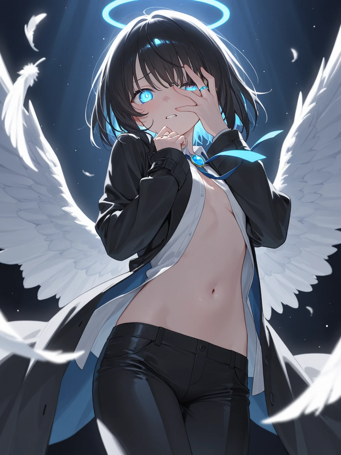 Wild　Young Black Harpy　Black Hair Black Wings　Blue Eyes　Gothic　Sleep　Pure　Belt on torso　Japanese anime hand drawn illustration　whole body　Character portrait　Dark Skin　serious　Dark atmosphere　Black waistband　Nipples　nipple　nipple　small breasts