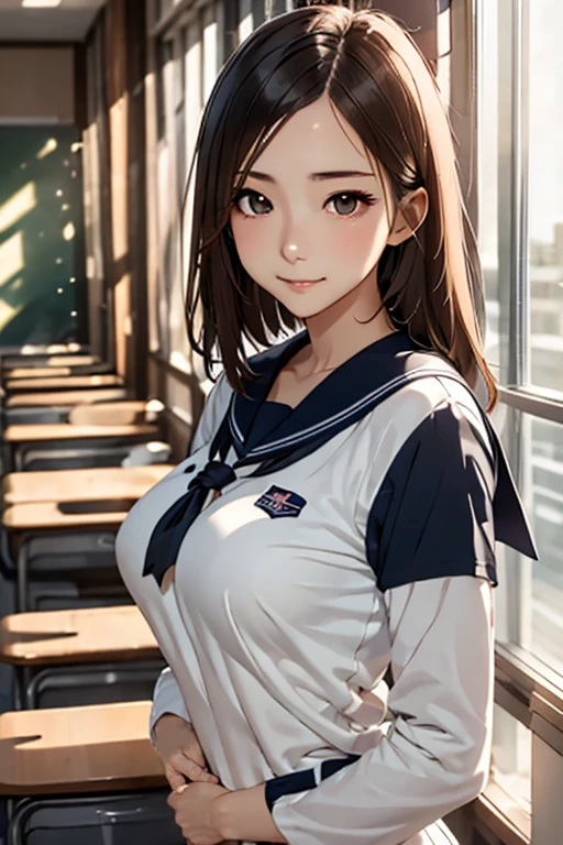 (8K,Realistic, Tabletop, Highest quality, RAW Photos:1.3)、One Girl, 18-year-old,alone,high school girl, Long Hair, Brown Hair, Beautiful face in every detail, Attractive face, (Beautiful brown eyes in every detail:1.2), Medium chest,(Underbust:1.0),(Covered nipples:0.99),(Loose Sailor Uniform :1.35), ( Slim beauty with perfect body: 1.4),( Seductive Pose:1.3), (View your viewers, Front view,Eyes focus:1.2), Detailed Background, (sunset:1.2), classroom,Fine details, Intricate details, Ray Tracing, Depth of written boundary, Captivating smile,classroom,