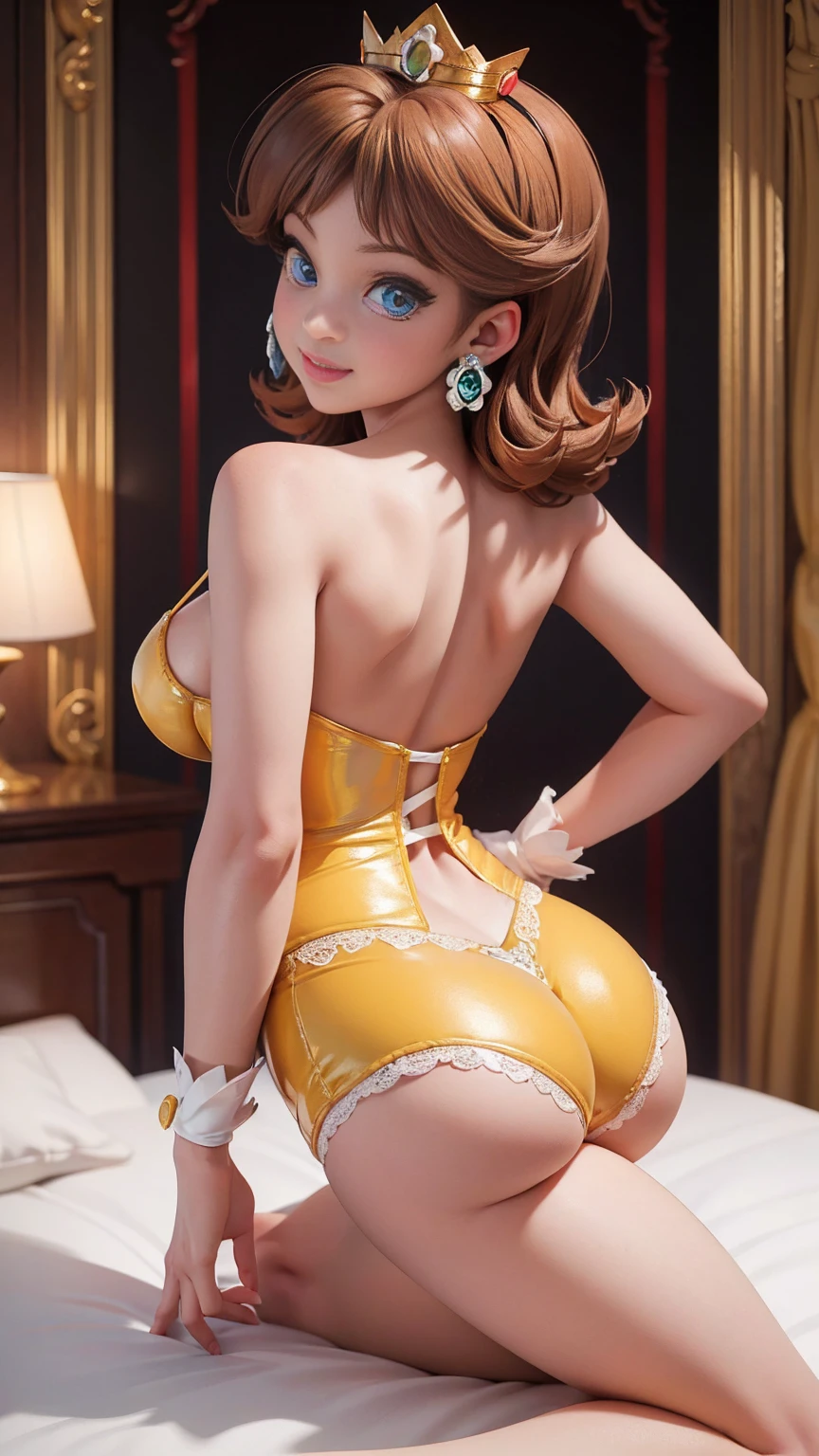 ((Belle from disney animated movie pricesses series))(big glowing eyes)(bright red lips))((pale skin)) ((long light brown hair pony tail with side bangs))((dark eyeshadows make up))(((very huge breasts))) ((perfect slim body))((wears yellow tiny string thong bikini)), (earrings, choker, head band)((posing sexy kneel down alone inside castle ballroom))((showing backside and ass)) (high definition, dynamic illumination and shadows)((masterpiece))(8k)(perfect face)(best quality) (perfect hands and eyes)