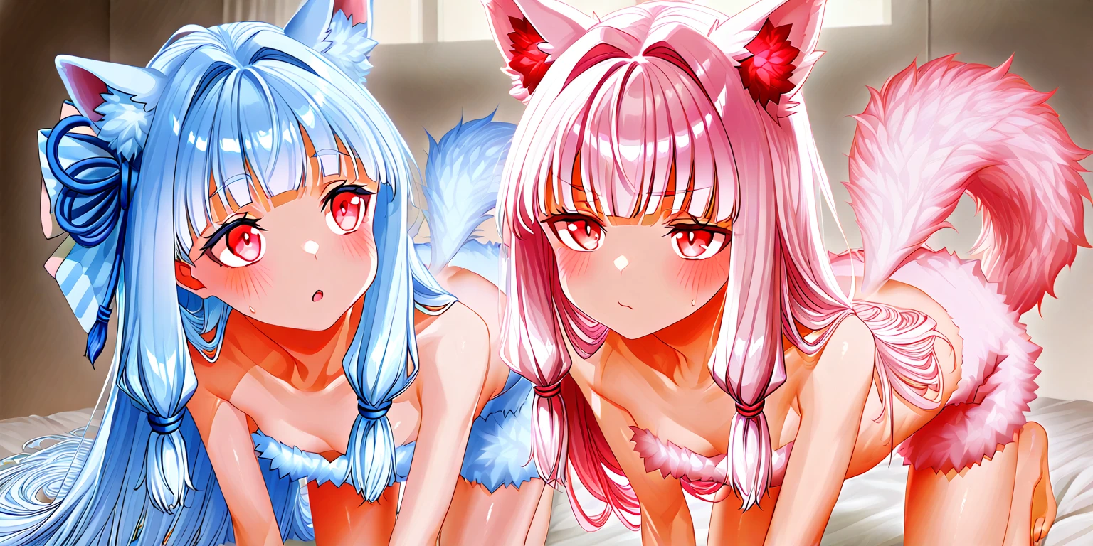 nsfw,Two Girls,Nipples,ffm,On all fours,on stomach,from behind,Sex,panties,penis,Light blue hair,Light pink hairstyles，Cat ear，Pink Eyes，light blue ta，White socks,Pink ribbon,smile,Best image quality,Highest quality
