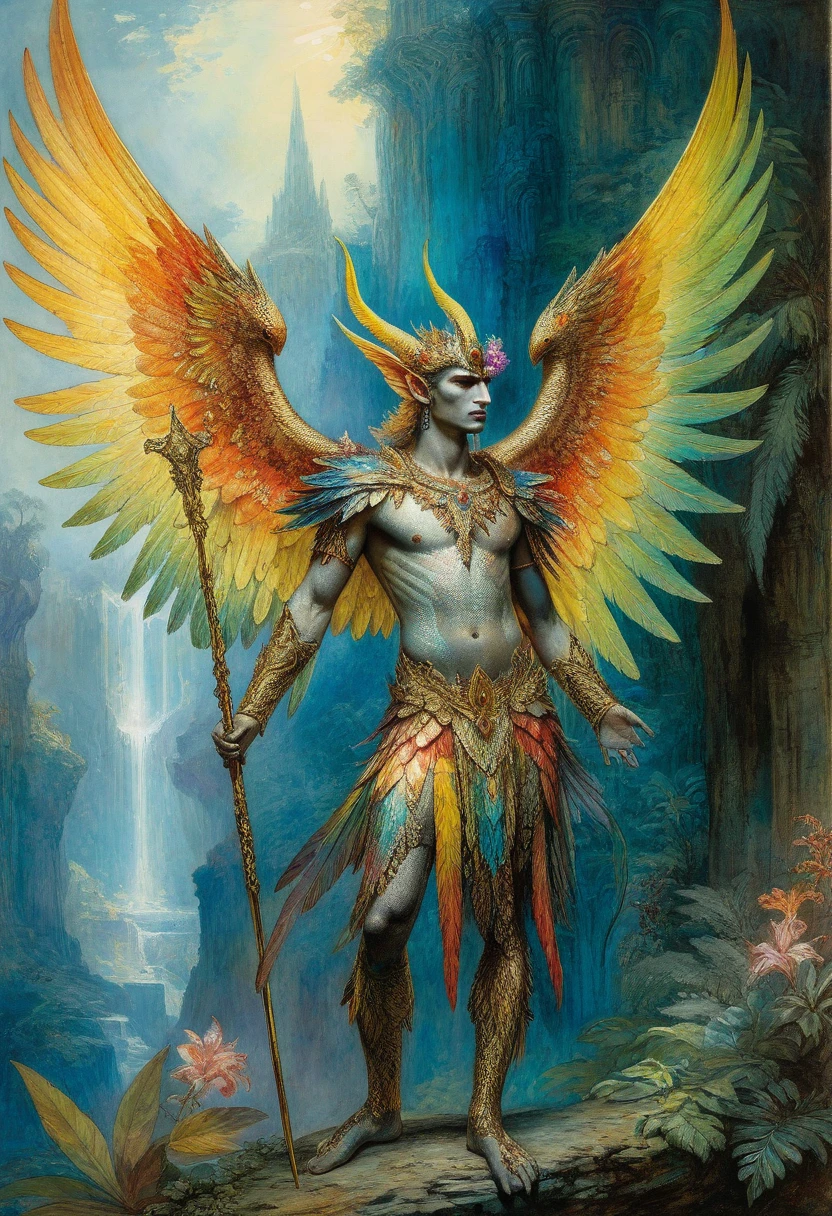 Design me a {Colossal Masterpiece, realistic oil painting, best quality, by Gustave Moreau, chiaroscuro, iridescent, holographic, lysergic}, terror dramatic portrait of a male high elf Garuda, blonde, elf ears, sharp face, angular face, high cheekbones, ((his skin is jaundiced)), magnificent, arrogant, sullen. ((((displaying iridescent colored wings, reclined, sat on a throne in a jungle temple)))).
