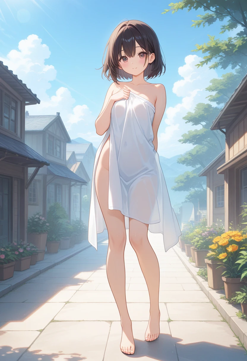 (masterpiece:2.0), (top-quality:2.0), (white Tube top extremely short towel with very big slit:1.5), (view from the behind:1.5), (perfect exposed shoulders:1.5), (perfect exposed nape:1.5), (super sexypose:1.5), (blushed face:1.3), (barechested:1.3), (realistic:1.5), 1 , precise small hands, Embarrassed look, Look at me and embarrassed face, Open mouth, extremely cute girl, innocent face, young face, Clear eyes, Shining eyes, shoulder is visible, small breast, thigh is visible, (The buttocks is visible:1.5), No pubic hair, dynamic posing, The beautiful skin, ultra-definition, Top resolution, japan high school student, brown hair , show off butt crack