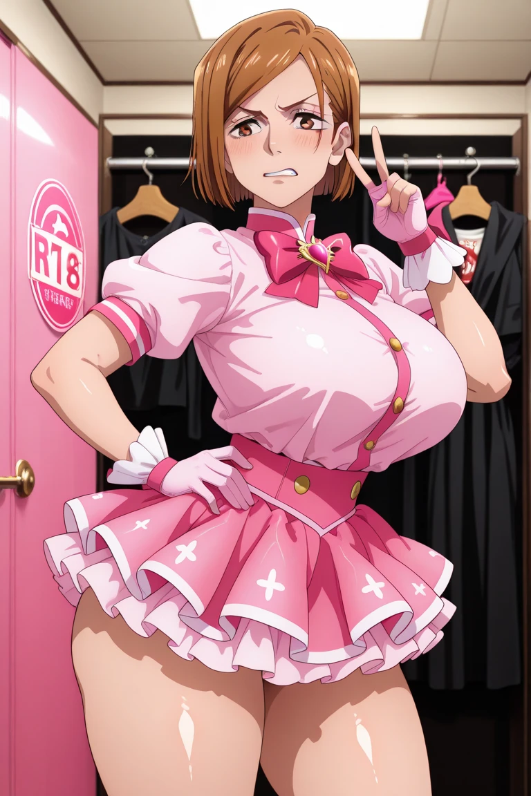 there is a cartoon picture of feminine boy with short pink hair, anime moe artstyle, 1 7 - year - old anime, in an anime style, demon femboy, flat anime style, cute, crossdresser, lewd body, curvy, chubby, white noble clothes, fantasy clothes, thigh highs, short skirt, golden details on clothing, shy pose, big breasts