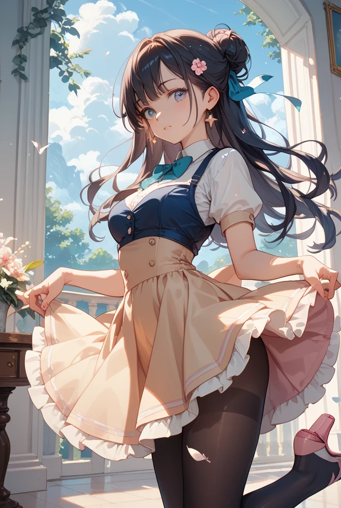 (1girl in), Long Wave Hair、dark brown hair, Amazing face and eyes,(natural make up)、(Brown eyes), medium large breasts、(High school uniform with wide open chest:1.1)、bared chest, (amazingly beautiful girl), Styliška Chusha、Ruffle style costumes, (Maid Cafe Costume, Pleated mini-skirt:1.5), (Best Quality:1.4), (Ultra-detailed), (extremely detailed CG unified 8k wallpaper), ((Stylish maid café)), Maid Cafe Popular Staff, (Light Blue Lace Panties:1.2)、(((The skirt is rolled up by the wind)))、((facing back))、((buttocks visible))、((embarassed expression))