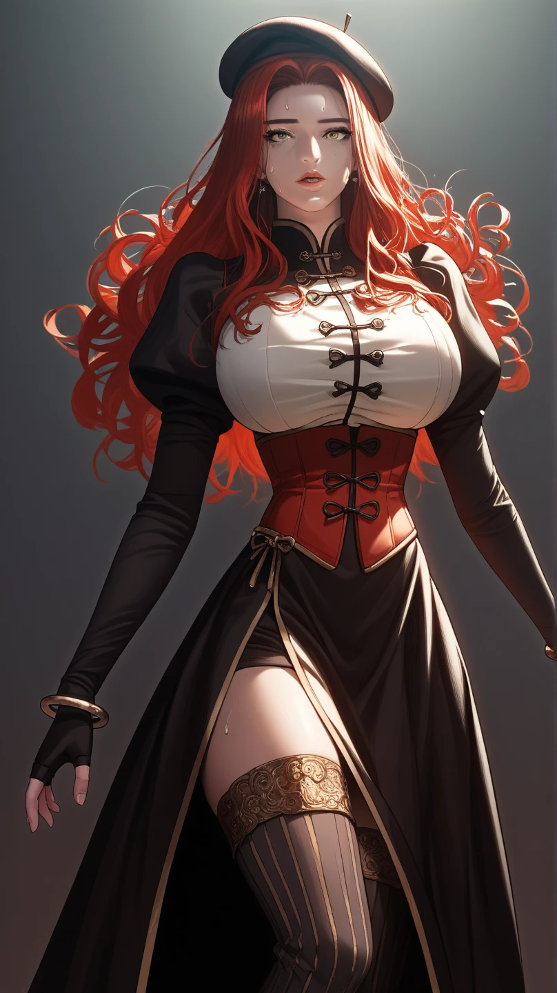 Rias Gremory is a character with crimson hair, her long strands falling elegantly down her back, contrasting with her pale skin and mesmerizing amber eyes. She exudes confidence and charm with her haughty posture. Wearing a tailored red school uniform, her pleated skirt falls in harmony with her fitted white blouse slightly open. A black ribbon tied around her neck complements the ensemble, highlighting her aura of authority and sophistication. Her accessories include black gloves that highlight her delicate hands. , in high resolution, detailed, HD quality.