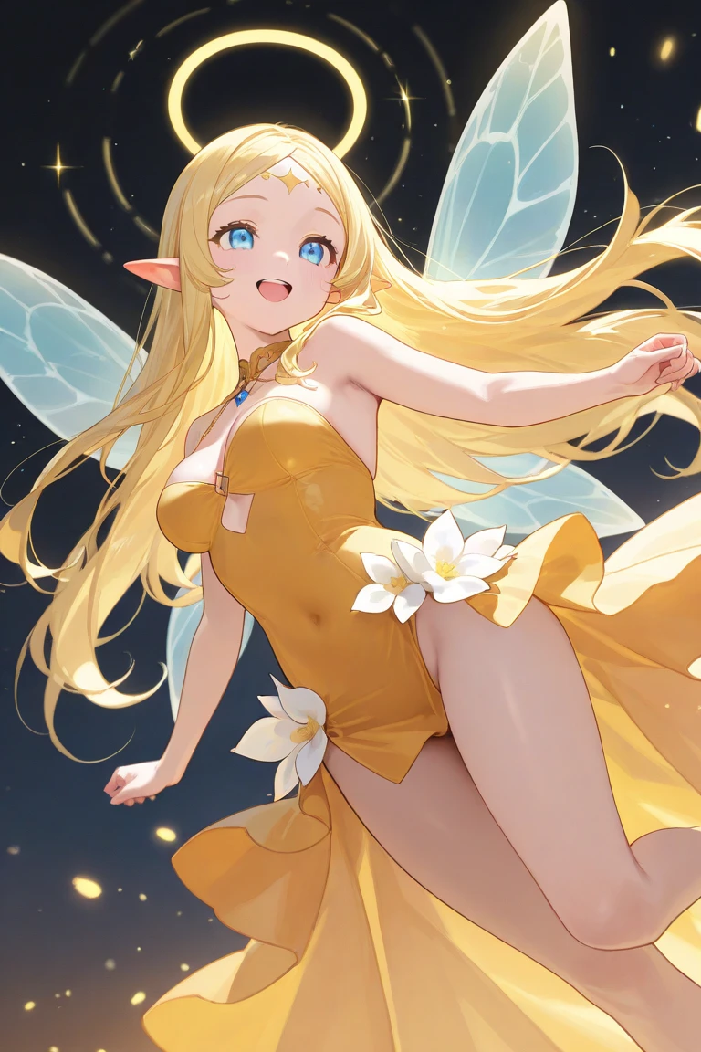 Showing the whole body, cute, baby face, big breasts, flying in the sky, in the forest, simple white dress, long hair, alone, short, fairy wings, honey blonde hair, lemon tree, orange eyes 
