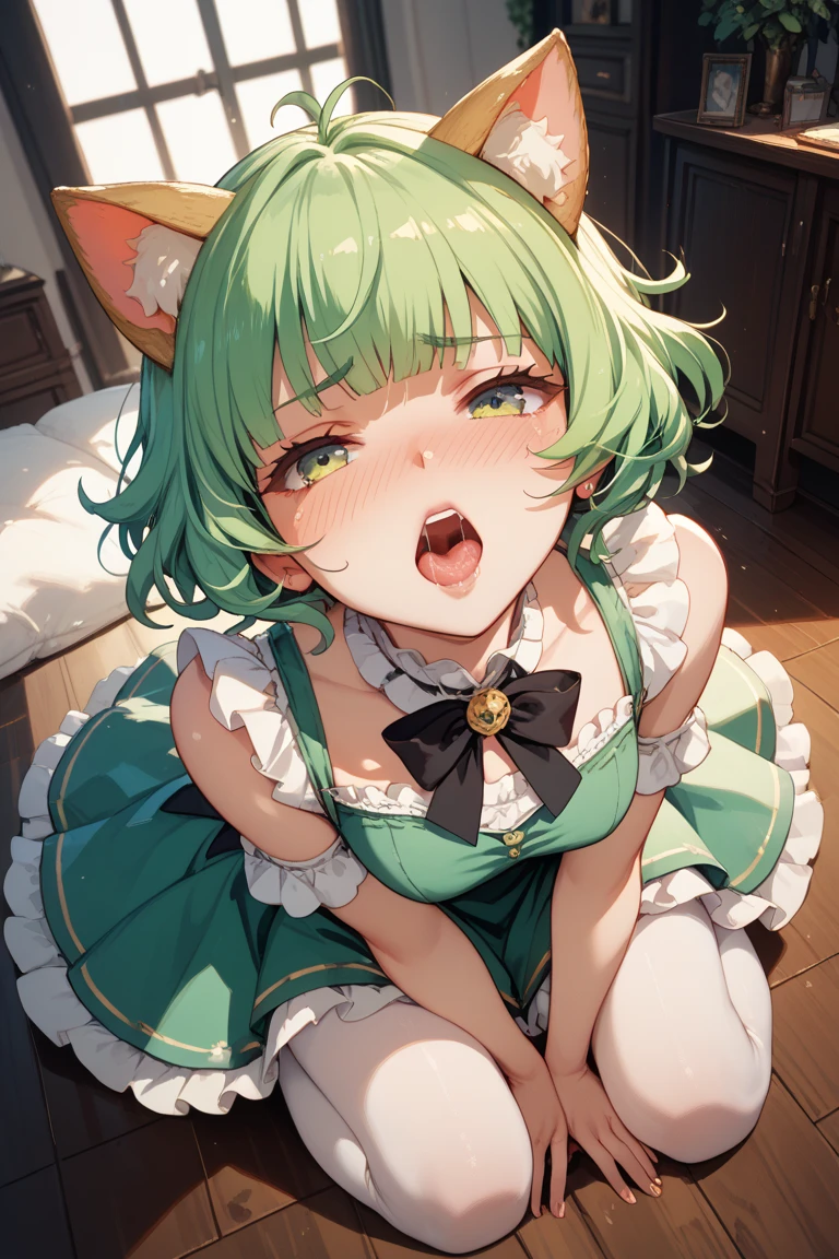 uploaded the e621, beautiful and detailed portrait of a woman (((female))) anthro hyena, kenket, Ross Tran, ruan jia, zaush, foxovh, lighting zenematic, seductor, hyena, thighighs, (hugechest), full body, busty, wide hips, beautiful, messy hair, green hair, yellow eyes, bathroom, white shirt , green panties, alone, submissive, kneeling, view from above, sweating, in heat, lust, trembling, open mouth, tongue sticking, invitation, (heart-shaped pupils), sexy, seductive, fall in love girl,