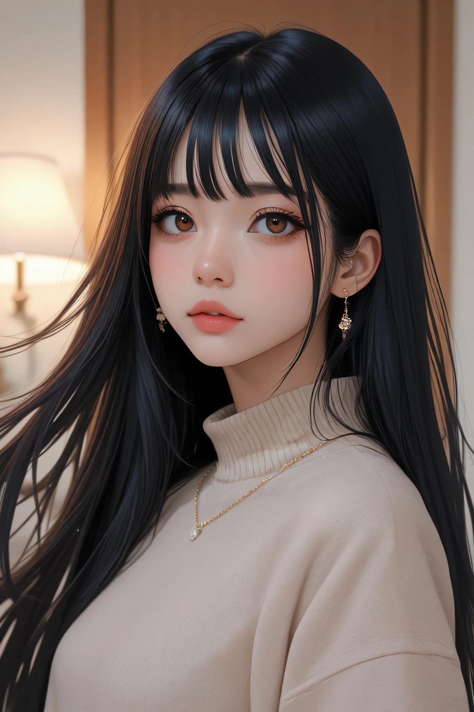(masterpiece, best quality:1.2), 1girl, solo,mature_lady, delicate face,detail eyes,long hair, floating hair,medium breasts, floating clothes,,White Turtleneck knitted sweater,beside window, earrings