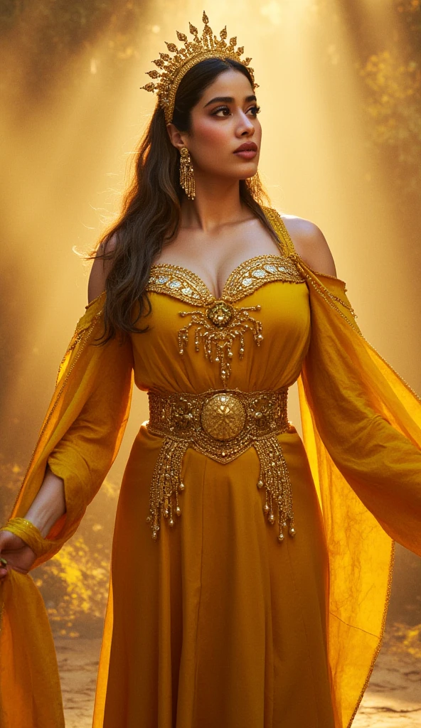 Masterpiece, upper body portrait, girl, middle ages, Yellowish saffron dress slik smooth Arabian style, classicism, andrey atroshenko style, painting, traditional media, realistic, figurative, fine art, oil on canvas, HDR, 8K, original character, high resolution, high detail, focus on the face, intricate, flawless. The background should be a magical swirl few dust small white amber blue flower