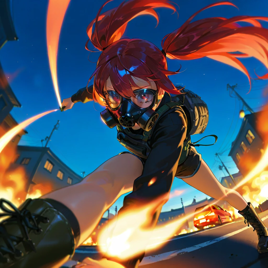(absurdres, 8k, 4k, masterpiece, hyper extreme detailed:1.2), solo, 1girl, front view portrait, best quality, expressive eyes, perfect face, 1girl, portrait, solo, Female, mature female, adult, red hair, orange gradients, hair covering eye, medium hair, cool, confident, white shorts, wild hair, messy hair, night time, cowboy shot, half body, perfect anatomy, flowing hair, windy hair, wind, fearless, cool, badass, shirt, rugged, golden eyes, starry night sky, stars, night, smirk, badass, heroic, black graphic t-shirt, white jacket, hands in pockets, sunglasses, smirk, bound, bondage, (arms behind back:1.4), bdsm, tape gag, tape, tape bondage, close-up, restrained, best anatomy, full body, tape wrapped, wrap gag, bondage, sitting down