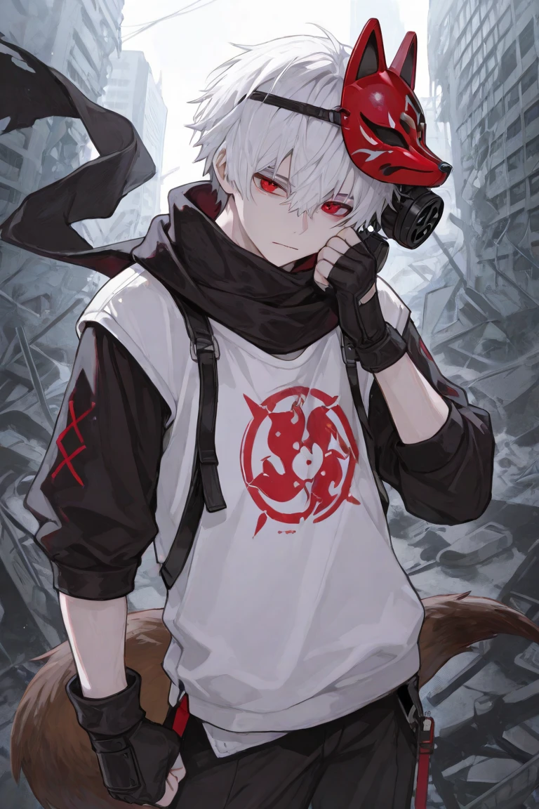 1boy, 1eye only, white hair, red eye, black sash shirt, white shirt, black sleeves, black pants, red tentacles in back, mechanical tentacle, looking on side