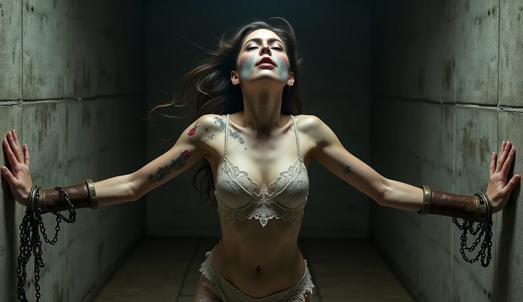 creature,Female body.canny,Beautiful fece,blanche,Headless,Bloods,Groy feathers,the pose,horor,Across