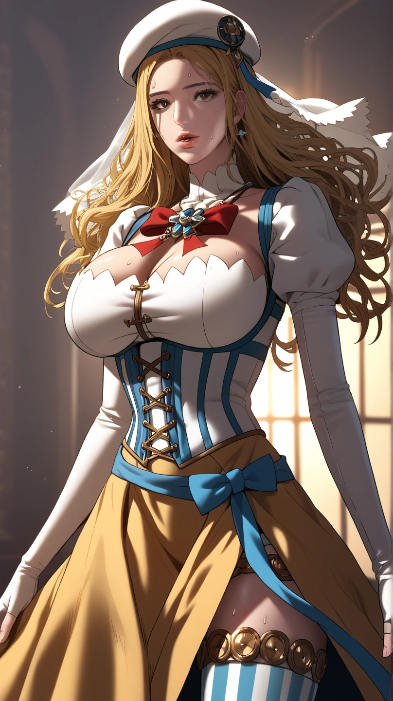 actual, 1 girl, Accent lighting, brightness, masterpiece, best quality, 1 girl, Long curly blonde hair, blue eyes, horseback riding, (masterpiece:1.4), best quality, ((actual)), high quality, Super detailed, (illustration:1.05), (beautiful:1.05), (beautiful detailed eyes:1.05), (Light:1.1), blush, moon, night, Rose, Light pink, Gothic tetracolor, 闪Light, big breasts, Thick thighs