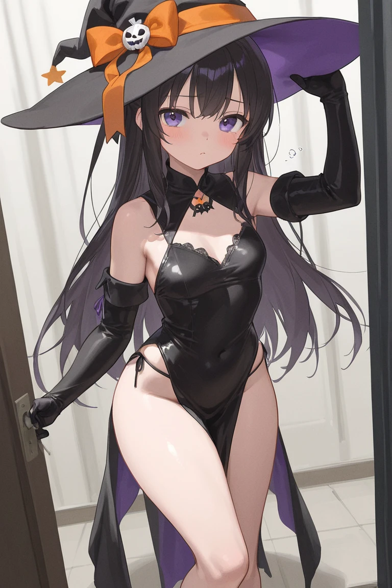 (Masterpiece, top quality, super definition, ultra definition), (Solo), ((Full body)), ((27-year-old gothic woman)), ((wearing a black witch hat)), surrounded by scary elements like candles, cobwebs and skulls, looking at the camera, facing the camera, (female body), ((breasts on display)), hands on breasts, (big, ((absurdly large breasts)), red eyes, ((black hair bob)), (heavy makeup), constricted pupils, (anatomically correct hands), ((tall woman)), ((sadistic smile)), sharp focus, dynamic angle, deep shadows, ((body fat):1,5), (sitting with his back to the wall), scattered crotch, (colorful), naked bandage, claw pose