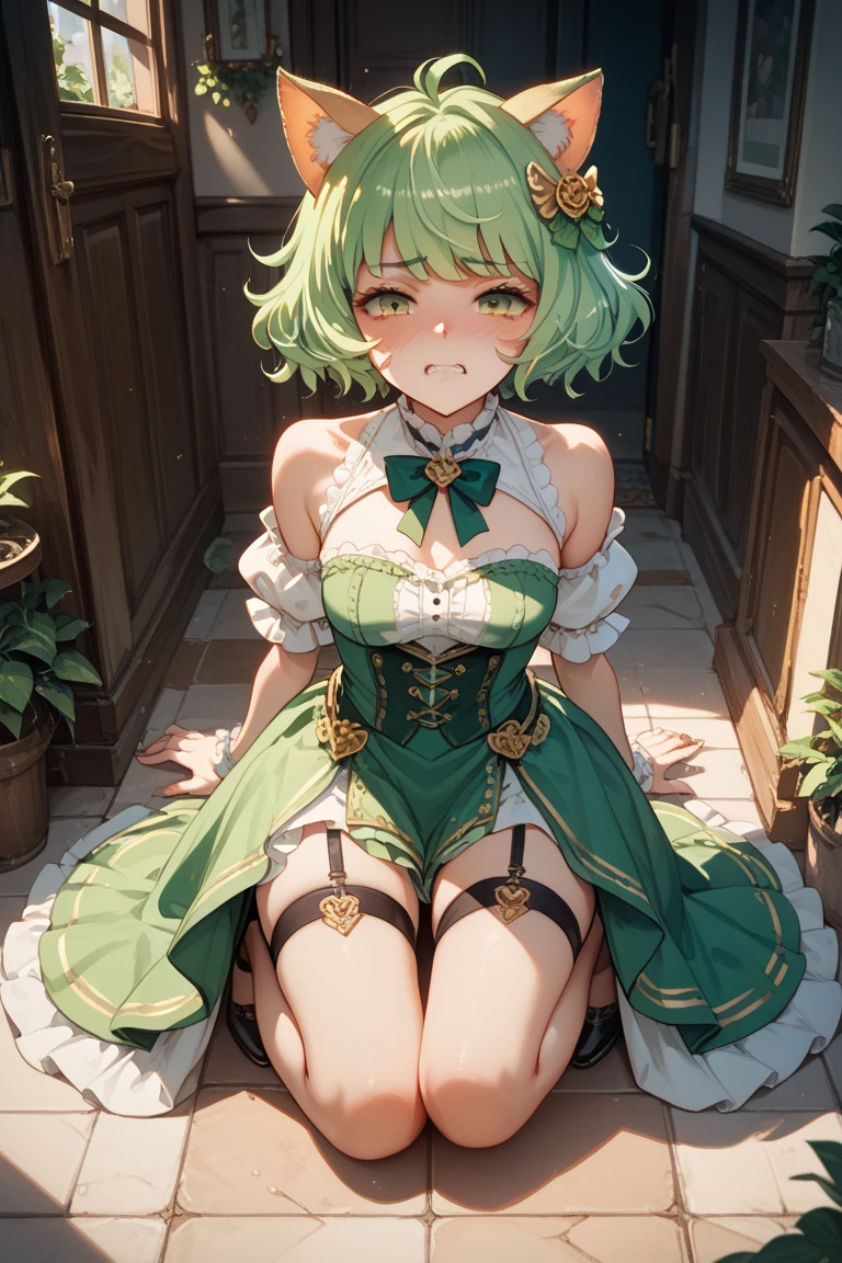 (masterpiece, best quality), 1girl, Apple green Short Wavy Hair with, Size DD breasts, Pearl gray Corset top and Ruffled mini skirt, kneehighs, Sitting with legs stretched out and arms crossed over the chest