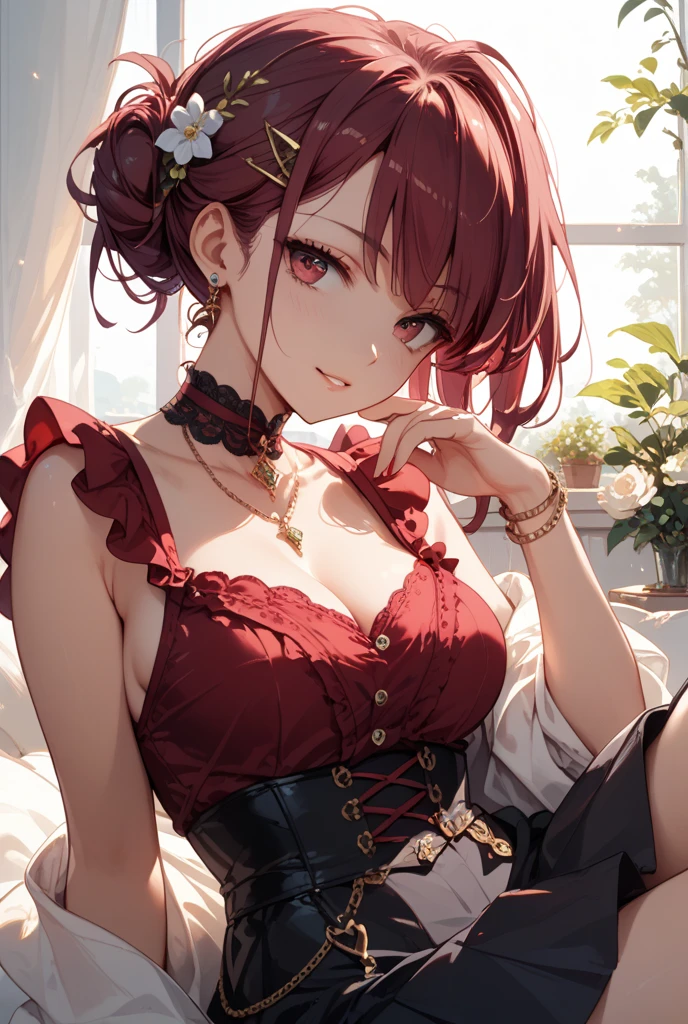 (best image quality, masterpiece:1.2), (super detail drawing), (crossed leg:1.3), (hands together:1.3), (very beautiful mature queen:1.3), (1 girl:1.2), alone, (shoot from far below:1.3) ,(Condescending look:1.3), (Gorgeous sleeveless queen red dress with roses:1.3), sitting on the throne chair, queen&#39;s crown, full body, round baby face, (Glasses,), (white thigh high pantyhose:1.2), (evil smile, mean face, female brat smile), luxury palace room, fancy room, RPG Royale, ⓪Action： () ①Quality：(1girl:1.3),(Perfect hands:1.3),(Perfect Anatomy:1.3), ①Quality：(1girl:1.3),(Perfect hands:1.3),(Perfect Anatomy:1.3), (master piece:1.0),(best quality:1.0), detailed,8k ②th：high resolution,beautiful detailed eyes, cute eyes, sparkling pupils, Intricate Iris Details, Captivating Eye Reflections, Sparkling Highlights in the Eyes, Depth and Dimension in the Pupils, Subtle Color Variations in the Iris, Meticulous Eyelash Details, detailed eyes, ③Lighting：Best Illumination, ④Chest：, ⑤ part: ultra-detailed face,detailed skin, ⑥Body shape：(slender body type:1.1), beauty legs. Seven heads, small head, ⑦Skin: ⑧Expression：(blush:1.3), Looking at Viewer, waiting for a kiss, ⑨Style: animation, illustration, (Bewitching:1.3). ⑩Subject：Oh Madoka, (mole under eye:0.8)、short hair、bangs、Hair clip ⑪Hair: shiny hair, floating hair, short hair, brown hair, mole under eye, mole, hair ornament, hairclip, BREAK ⑫Environment： ⑬Composition： ⑭Costume : piercing,　(wrinkles between eyebrows:1.2)、indoor、