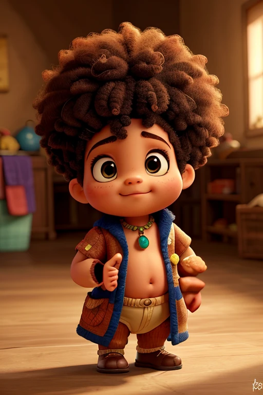 A film inspired by Disney Pixar (YOUNG WHITE BOY WITH LONG BLACK CURLY HAIR) He is walking on the city streets, with a gun on his waist, no shirt on the body, with a tattoo on his body with the name WY STRONG SIL, Loose pants, cloud tennis, many gold threads around the neck, gold watch on wrist. pixar, cool and stylish