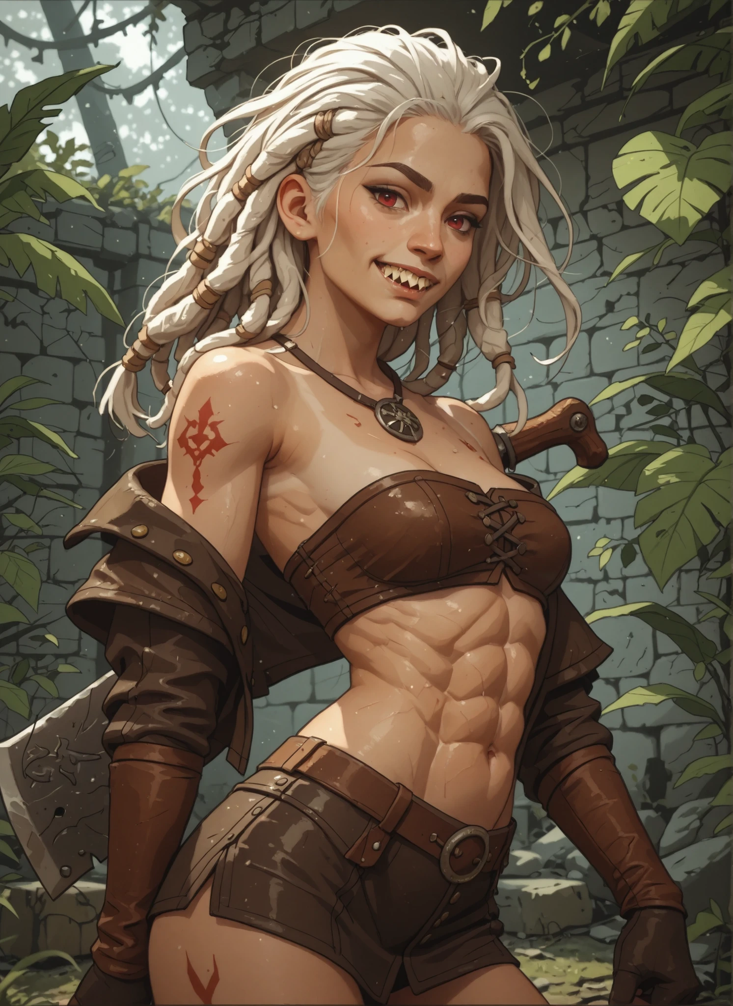 Slender body. White skin. Cute 18-year-old Asian girl with Asian red eyes and sharp teeth and dreadlocks with white highlights. She has a cute and beautiful face. She has a round and young face with a pointy chin. Her body is athletic with abs. She wears medieval an intricate medieval latex clothing with buttons. Background: medieval jungle ruins. Realistic lighting. DnD art-style. Looking at the viewer. She's got a massive butcher's blade on her back.