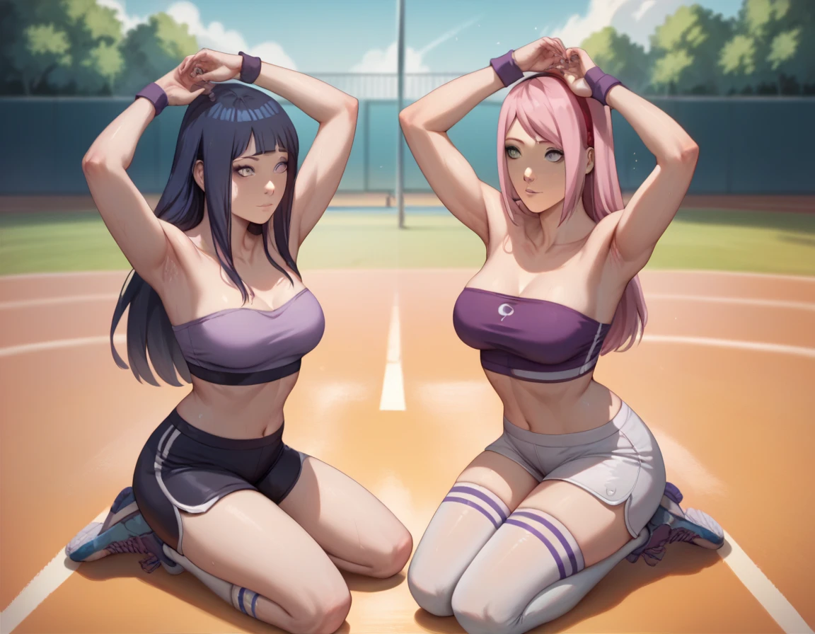 2girl,nsfw, glamorous, voluptuous, stand,smiling ((tennis wear,))