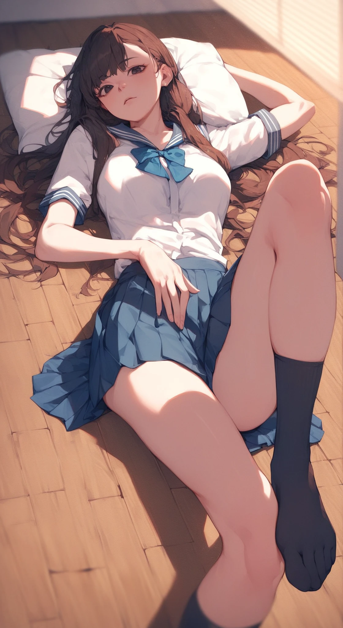 ((masterpiece, Highest quality, High resolution, 超High resolution, Pixel Perfect, Written boundary depth, 4K, RTTX 10.0, Human Development Report))), 1 person, single, alone, beauty、View the whole body、 ((Long Hair, Short Liuhai, Reddish brown hair)), ((blue eyes, Beautiful eyelashes, Realistic eyes)), ((Detailed face, blush:1.2)), ((Smooth texture:0.75, Vibrant texture:0.65, Vibrant:1.1, Anime CG style)), Medium chest, Perfect body, smile, attractive way to sit, Brewing tea in a teapot, (The wind makes my hair flutter,Exposing shoulders、Expose the chest) , It snows heavily at night、(((Showing panties:1.3)))、M-shaped legs:1.4 Highest, masterpiece, High resolution, (Head to toe full body view), front, frontComposition from slightly below, Symmetric, Tall 18 year old, alone, (Head to toe), (Small breasts), Unkempt brown hair,(White luxury lingerie), (Sit with your legs apart), (Crouching pose), (白いShowing panties構図), (Her legs were spread、I see your white pants.), (I was made to sit on the floor with my legs spread...),((((M-shaped legs:1.4))))
, Thin legs, A very beautiful and tall 18 year old girl, (No shoes), blush, Shy big eyes, looking at the camera, (((Blazer Uniform, Checkered Pleated Skirt)))、((Vulgarity)),