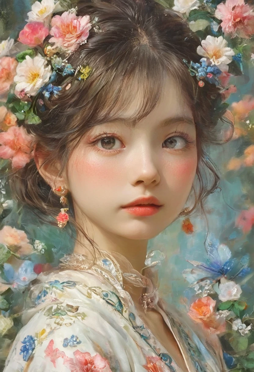 1 girl,flowery, Lycianthes ,Available in light pink and light blue styles..., Dreamy and romantic composition..., Flowers dripping on her face, collage based style, made from insects, William Wegman, colorism, White background, Pencil art illustration, National Geographic Photos