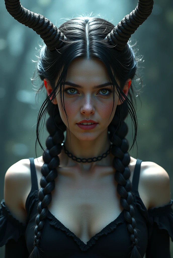 A pretty woman, short stature, with lush, almost black in color, hair, which he braids tightly, thick braid. dressed in leather armor. slim, prominent chest. green eyes, Cunning, even with a hint of mischief. Her skin is light, in places covered with soft, dark, smooth fur