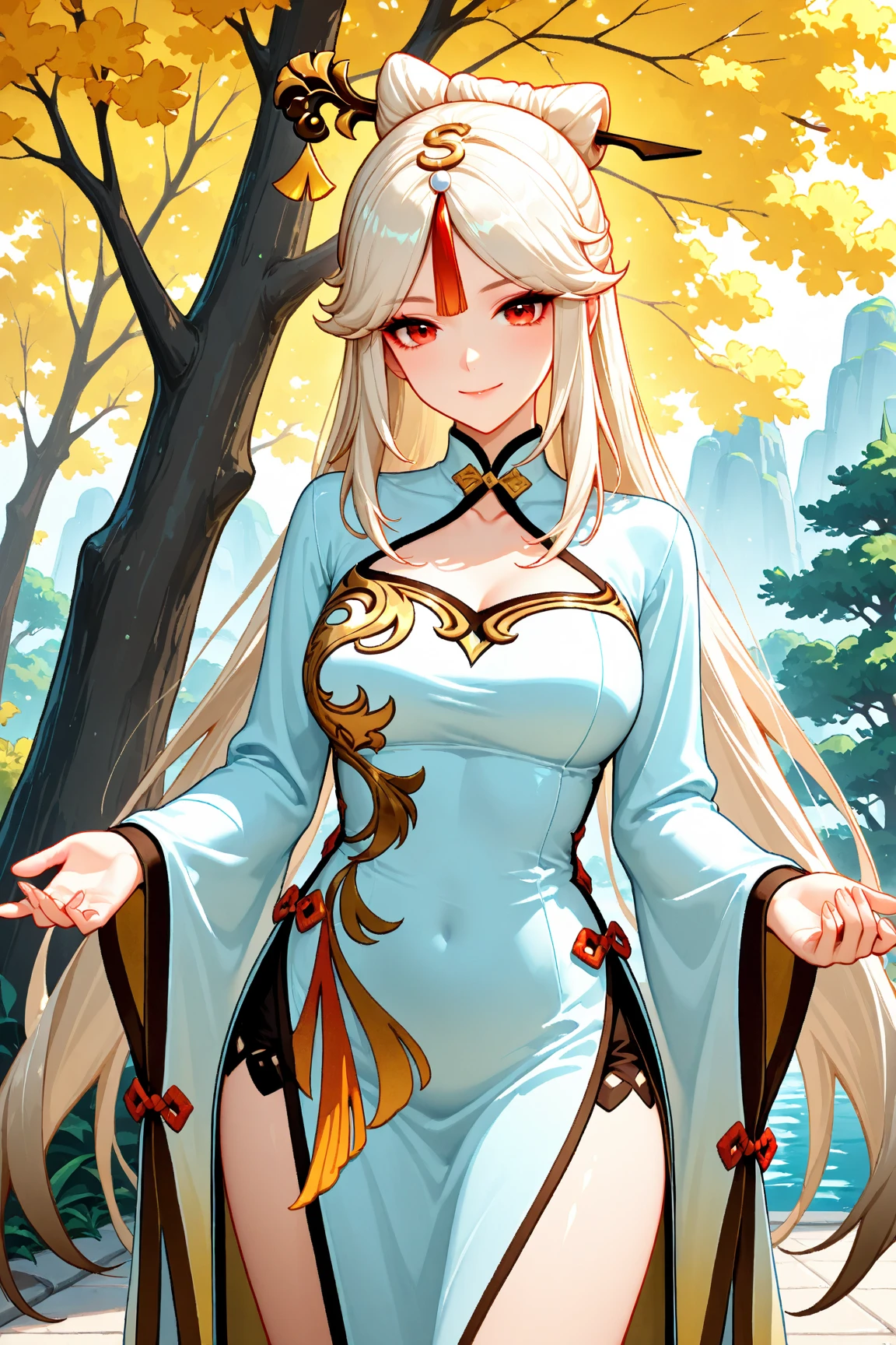 (Art: 1.2), (best quality: 1.2) 1 woman, mature, tall (1.85), She appeared to be around 28 years old, had long golden hair, straight and shiny hair, blood red eyes, extremely detailed, perfect eyes , extremely realistic eyes, well-aligned eyes, long eyelashes, anime style, perfect face, milf face, full lips, smiling, mature, clear skin, natural body, sexy body, MILF body, hands on waist, perfect hands, detailed hands, hands well proportioned to the body, realistic hands, arms with good anatomy, she wore an immortal Chinese oriental style red with golden dress, the dress still couldn't hide her extremely large and huge breasts that were hanging down due to her size, thick thighs, wide hips, Looking at the viewer, background scenery, scenery at a Chinese viewpoint on the edge of a lake, in the background posing the setting sun, alone Looking at the viewer, breasts only visible from aside and from the bottem, extremely huge breasts, breast are flopping out of the dress because they are to big