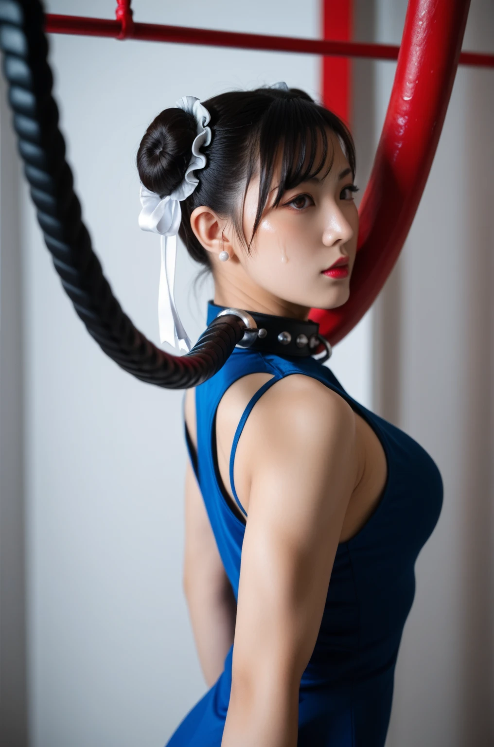 score_9,score_8_up,score_7_up,(pastel-color),(high brightness colors),Cute 20-year-old Japanese 1 girl,solo,(8k, masterpiece, ultra-detailed, best quality, ultra high res, newest, very aesthetic, absurdres, illustration, perfect composition),(hires),looking at viewer,black hair,shiny skin,fair skin,(upper body:1.5),toothless smilev,emphasizing her curvy body and large breasts,(ninja:1.5),(restrained shibari:1.3)