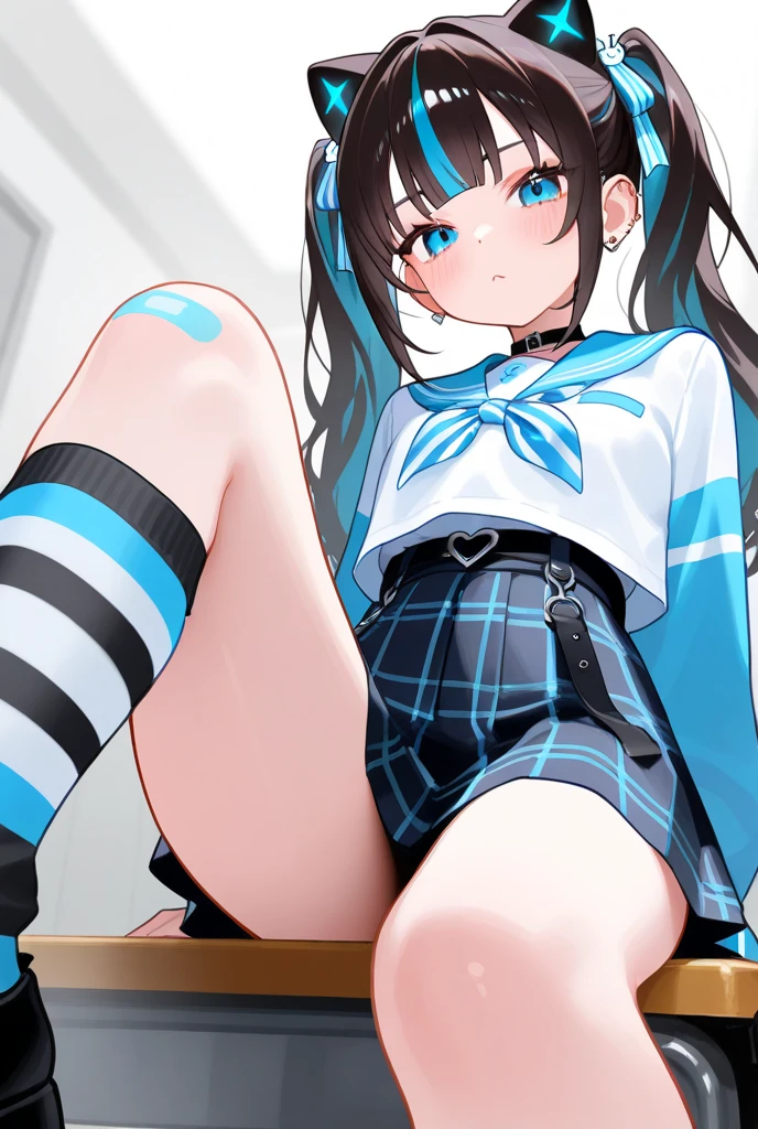 Young girl with black hair, long twintail, twintail hairstyle, (blue eyes),, ((small bushy eyebrows)), wearing gothic ta clothing, loli, walking to school, flirty smile, (sitting with legs open lifting her skirt to show her vagina wet with semen),