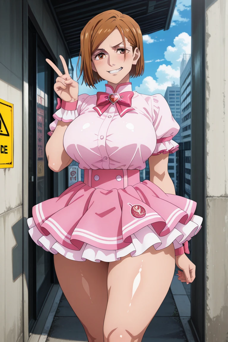 highest quality, High resolution,Anime Screen Capture, SF、three women、realistic, masterpiece, highest quality, perfect anatomy, (fine eyes), (Female mechanic, huge breasts、Chubby), Sweat, city, ((NSFW、White Pink Sci-Fi Suit、pink bikini、Mechanical white backpack、white gloves、White pink knee socks)),tight clothes、 green eyes、hand on chest、short hair、brown hair ,braid pigtails、  ((blush))、(wide hips),smile、 closed one eye、((((embarrassing))))、((Red Rim Glasses))、