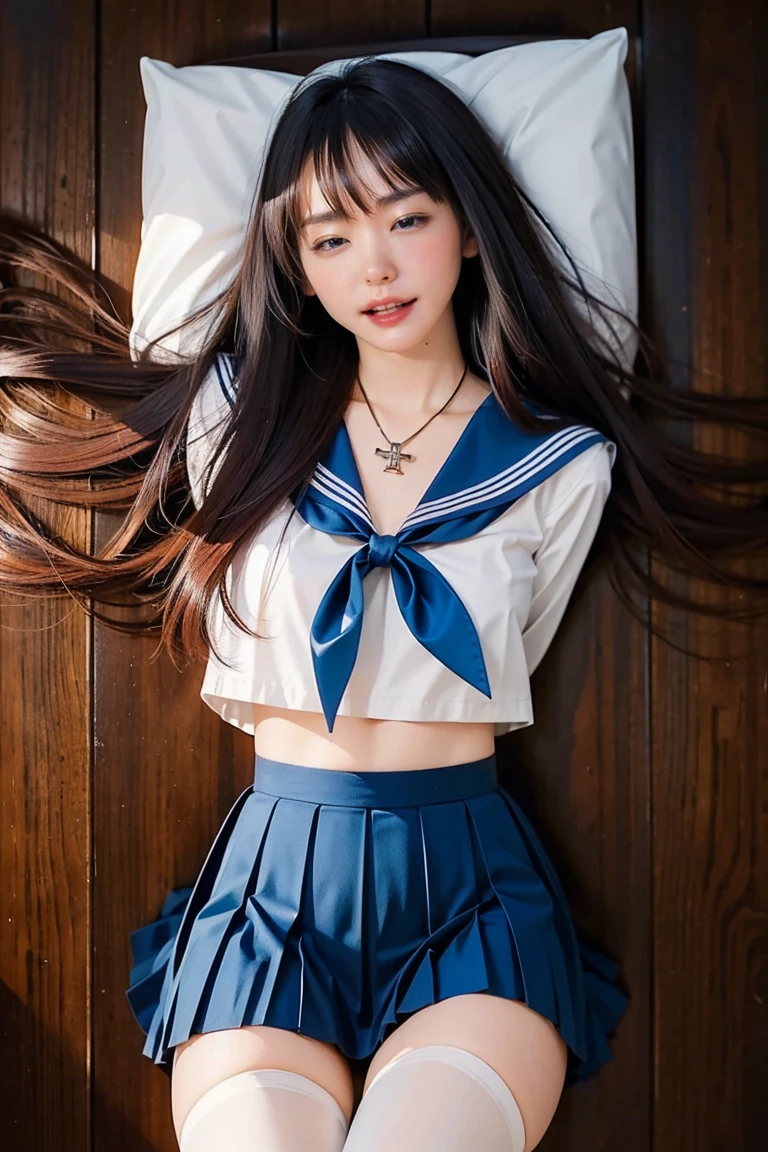 (masterpiece:1.2), Super detailed, ultra high resolution, (realistic, photo realistic:1.37), High resolution raw color photos, professional photos, highly detailed face, very fine eyes, highly detailed skin, very thin fingers, highly detailed nose, highly detailed mouth, perfect anatomy, highly detailed background, (medium big breasts:1.1), brown hair、white skin, whole body above the thighs, girl's panty shot,high school girl、((Dark blue high school uniform、sailor suit,mini skirt))、Upskirt、in the city、camel toe、dark street view, urban background, cinematic lighting,